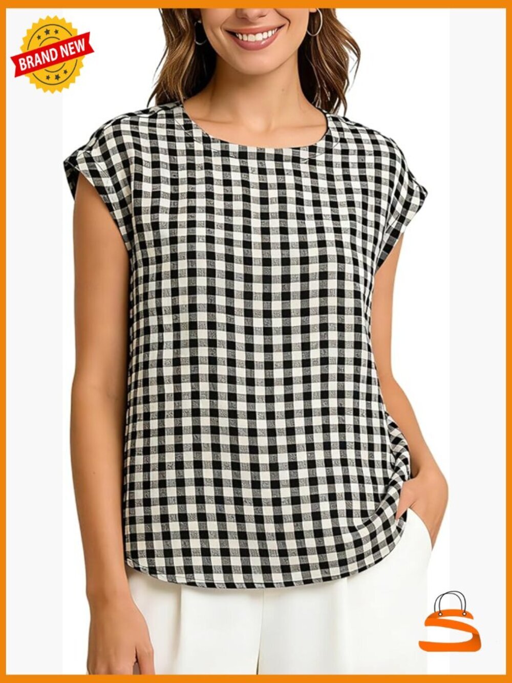 100% Linen Gingham Print Sleeveless Tank Top